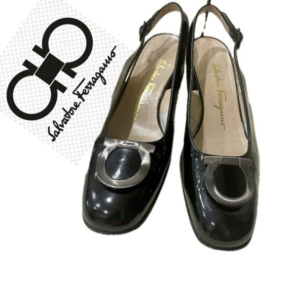 SALVATORE FERRAGAMO PUMPS BLACK PATENT LEATHER MADE IN ITALY PREPPY CHIC Sz 7 - Picture 1 of 16
